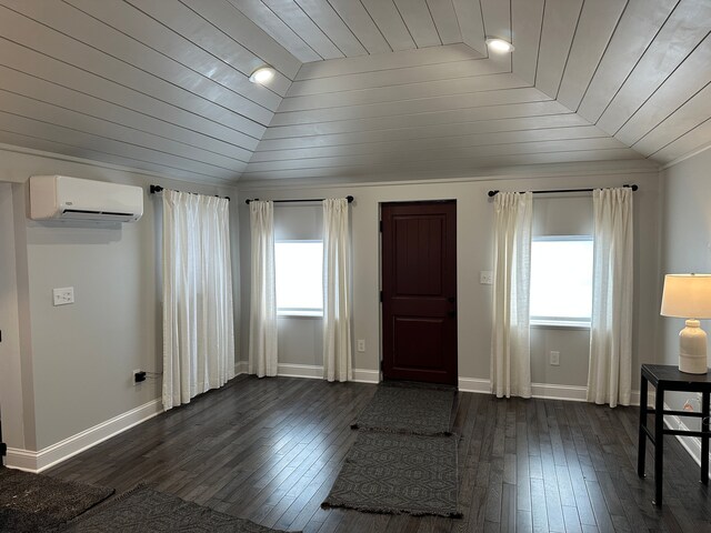 entryway featuring lofted ceiling, a wall mounted air conditioner, dark hardwood / wood-style floors, and wooden ceiling