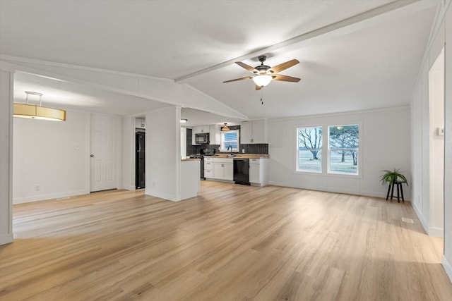 unfurnished living room featuring lofted ceiling with beams, ceiling fan, and light hardwood / wood-style flooring