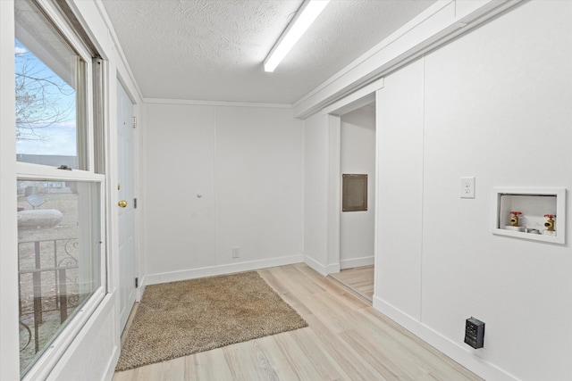 laundry room featuring washer hookup, a textured ceiling, and light hardwood / wood-style flooring