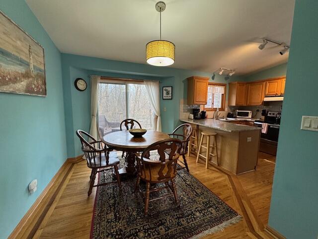 dining space with rail lighting, sink, and light hardwood / wood-style flooring