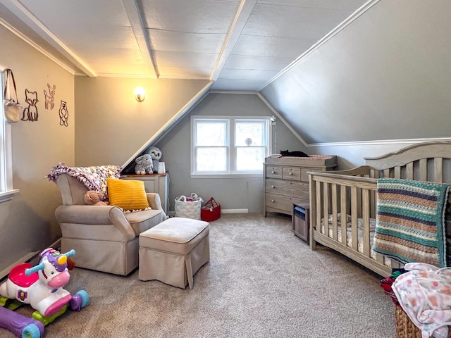 bedroom featuring light colored carpet, a nursery area, and lofted ceiling