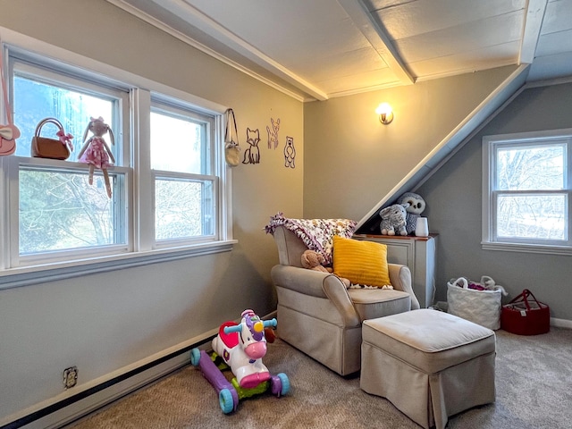 game room featuring beam ceiling, carpet flooring, a healthy amount of sunlight, and baseboard heating