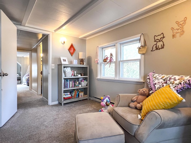 living area with carpet and a baseboard radiator