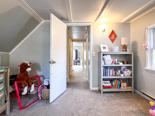 rec room with carpet, vaulted ceiling, and a baseboard radiator