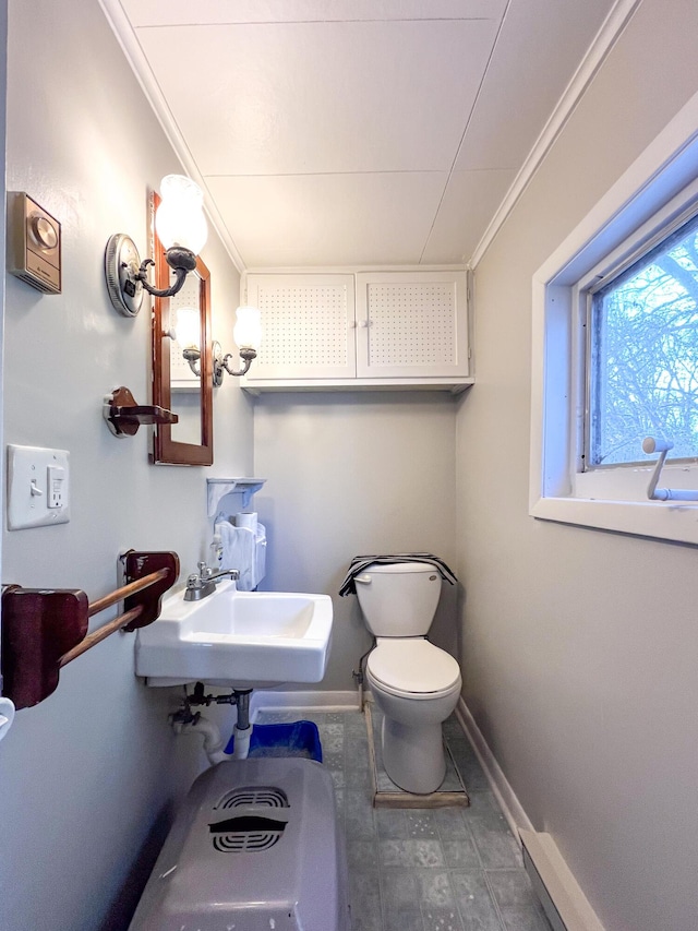 bathroom featuring toilet, sink, and ornamental molding