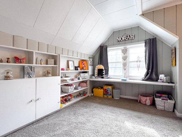 game room featuring lofted ceiling and carpet flooring