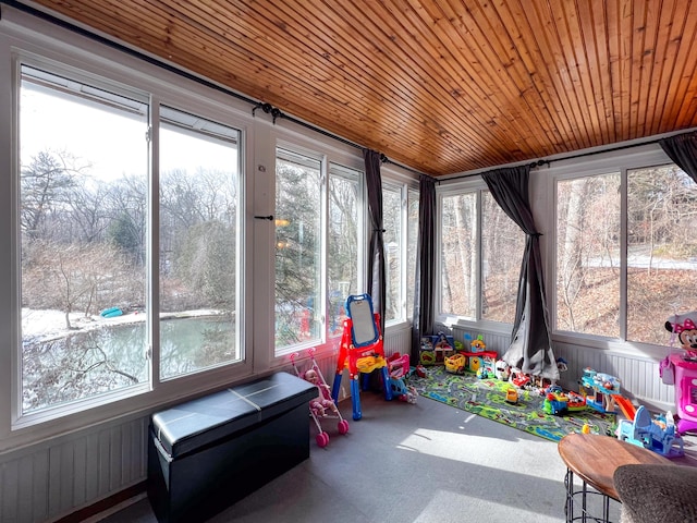 sunroom featuring radiator and wood ceiling