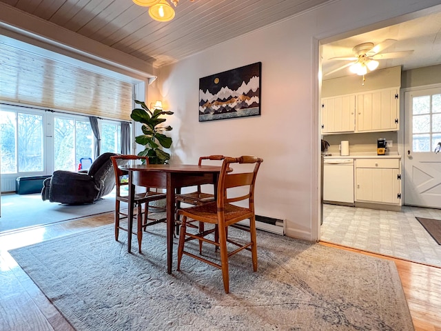 dining area featuring ceiling fan, light wood-type flooring, and wood ceiling