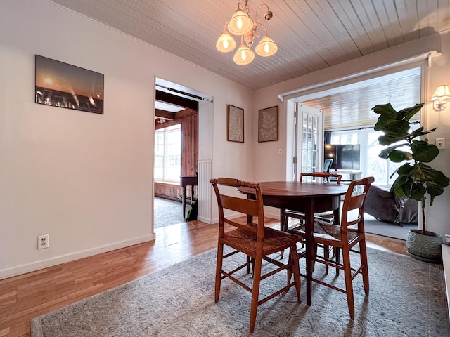 dining area with hardwood / wood-style flooring, wooden ceiling, and a notable chandelier