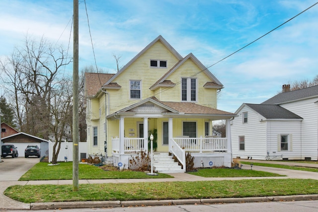 view of front of property with an outbuilding, a garage, a front lawn, and a porch