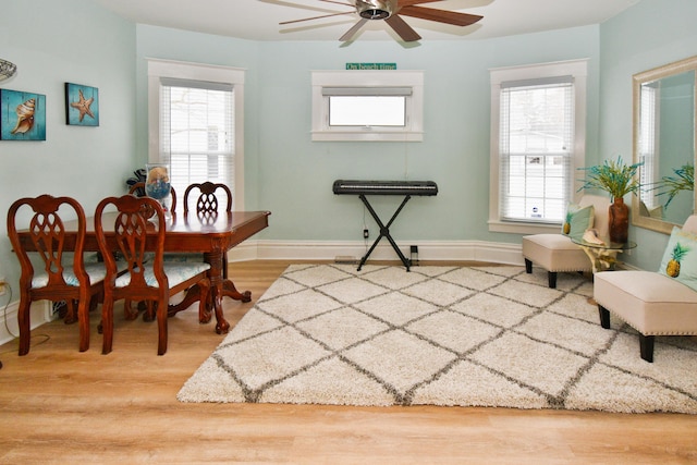 dining area featuring ceiling fan, plenty of natural light, and wood-type flooring