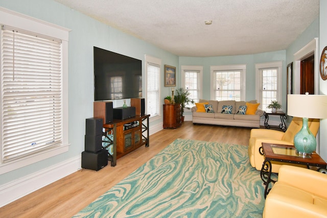 living room with light hardwood / wood-style flooring and a textured ceiling