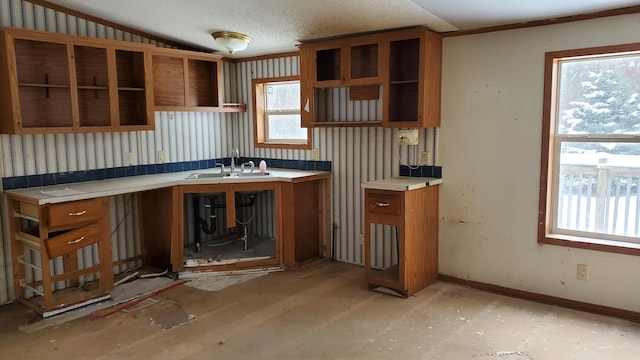 kitchen with sink, vaulted ceiling, and a textured ceiling