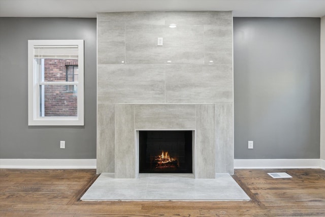 room details with wood-type flooring and a fireplace