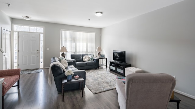 living room with dark hardwood / wood-style floors