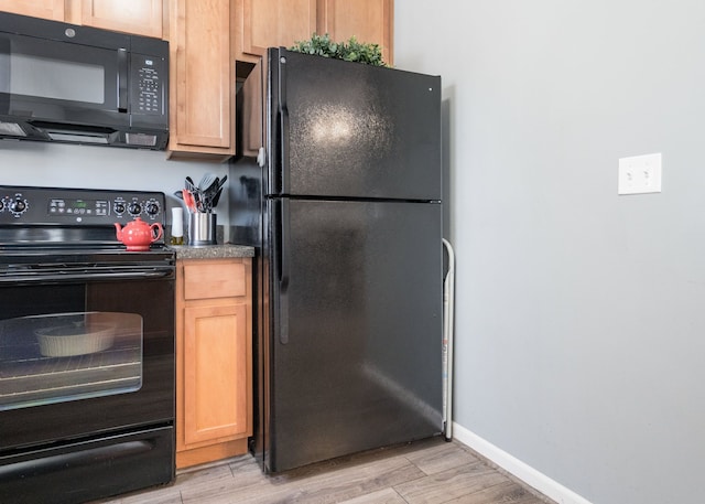 kitchen with light hardwood / wood-style floors and black appliances