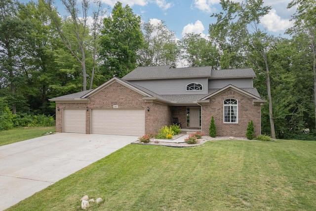 front facade featuring a garage and a front lawn