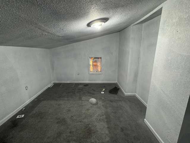 carpeted spare room featuring lofted ceiling and a textured ceiling