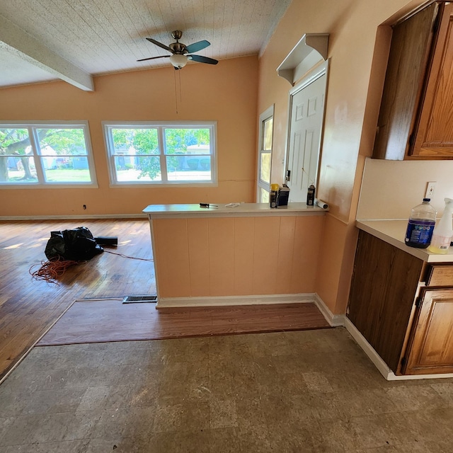 kitchen with ceiling fan, wood-type flooring, and a wealth of natural light