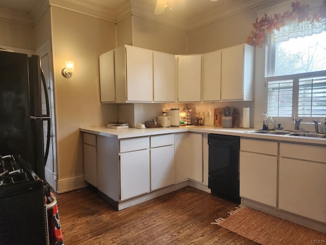 kitchen with dark wood-type flooring, crown molding, black dishwasher, and white cabinets