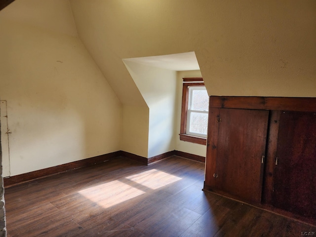 additional living space with dark hardwood / wood-style flooring and lofted ceiling