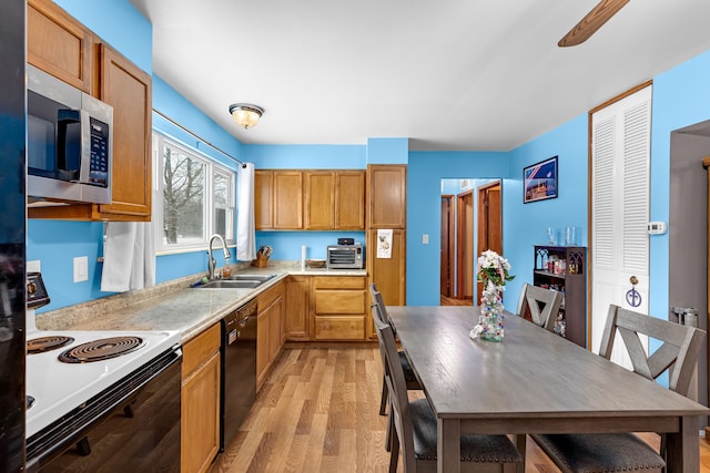 kitchen with black dishwasher, sink, light hardwood / wood-style flooring, and range with electric stovetop