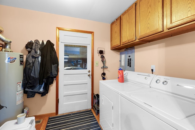 laundry area with water heater, cabinets, electric panel, light hardwood / wood-style floors, and washer and clothes dryer