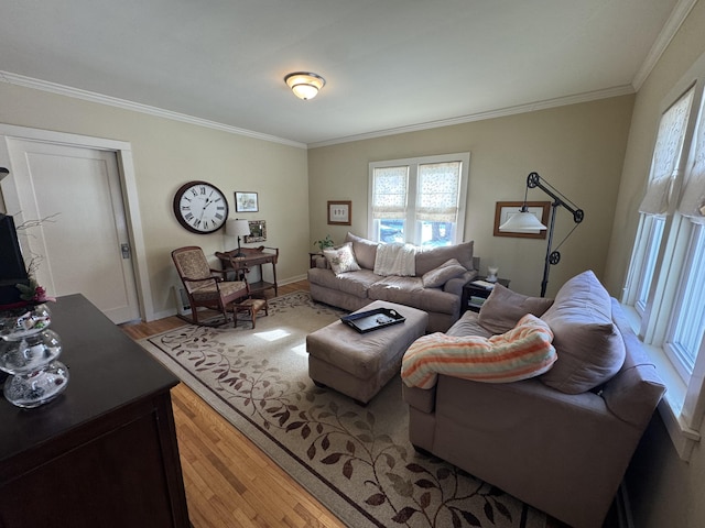 living room with crown molding and light hardwood / wood-style floors