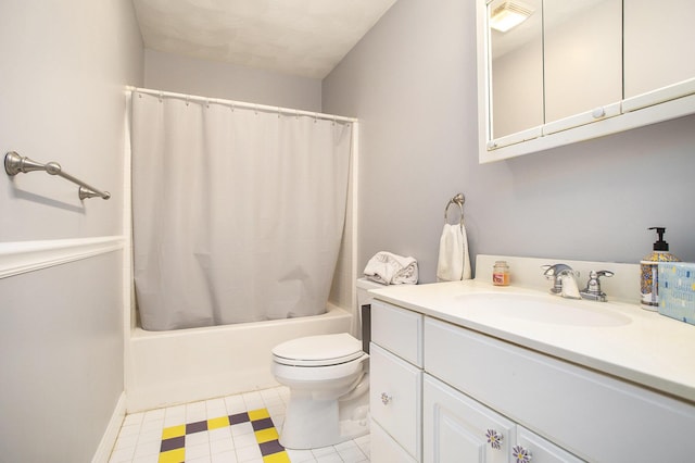 full bathroom with vanity, shower / bath combination with curtain, and toilet