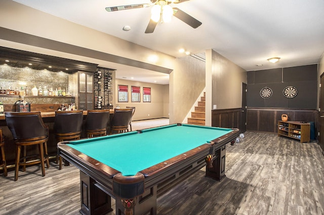 game room featuring ceiling fan, bar, dark hardwood / wood-style flooring, and pool table