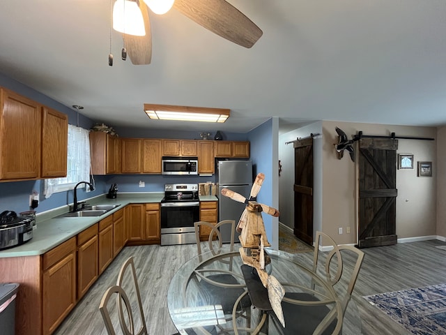 kitchen featuring sink, stainless steel appliances, decorative light fixtures, a barn door, and light wood-type flooring