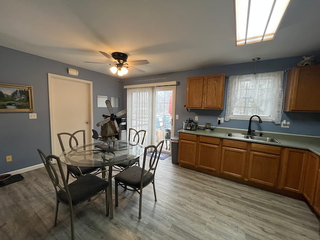 kitchen with pendant lighting, ceiling fan, light hardwood / wood-style floors, and sink