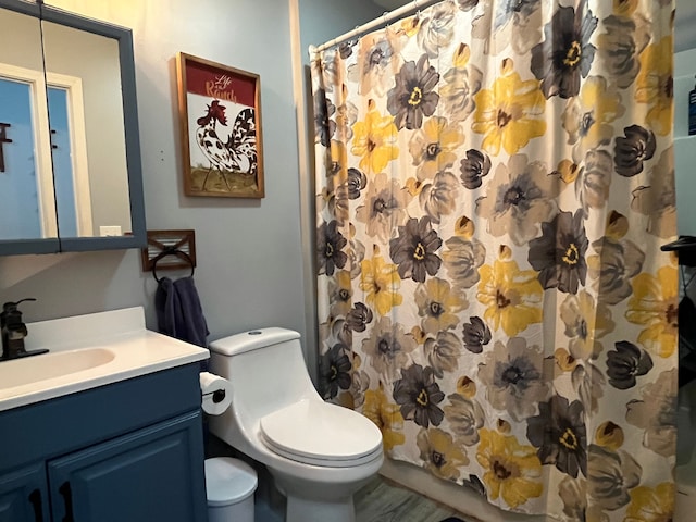 bathroom featuring vanity, toilet, and a shower with shower curtain