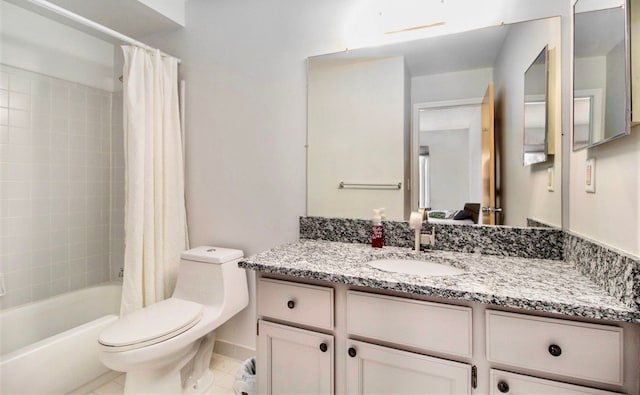 full bathroom with vanity, tile patterned flooring, toilet, and shower / bathtub combination with curtain