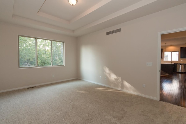 carpeted empty room with a tray ceiling, visible vents, and baseboards