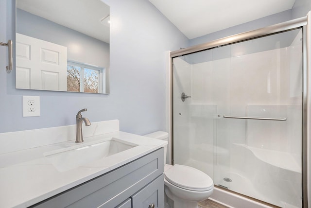 bathroom with vanity, toilet, and a shower with door