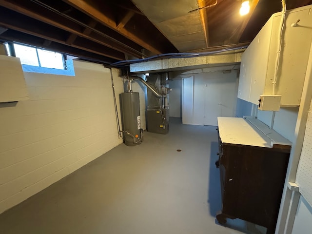 basement with heating unit and gas water heater