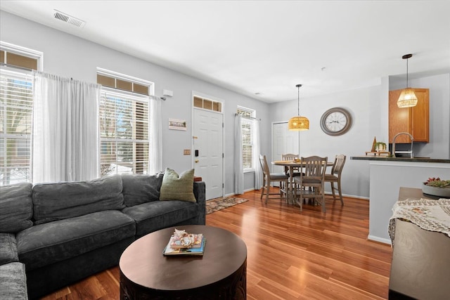 living room featuring sink and light wood-type flooring