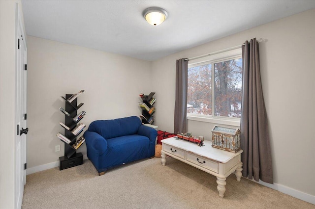 sitting room featuring light carpet