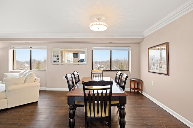 dining room with ornamental molding, plenty of natural light, and dark hardwood / wood-style flooring