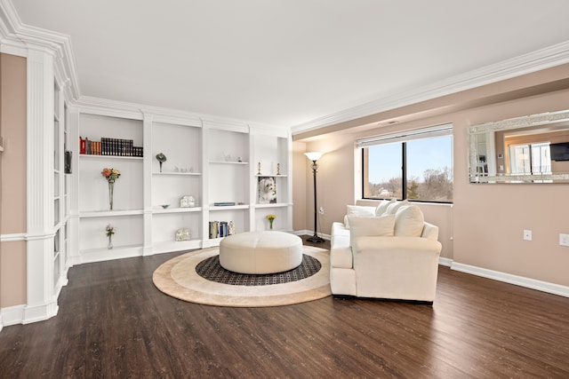 living room with ornamental molding and dark wood-type flooring