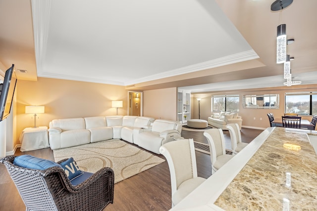 living room featuring hardwood / wood-style flooring, a tray ceiling, and crown molding