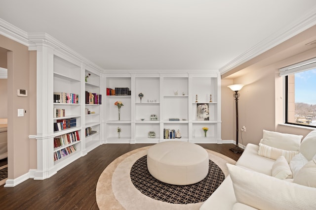 living room with crown molding and dark wood-type flooring