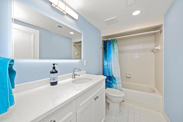 full bathroom featuring tile patterned flooring, vanity, shower / bath combination with curtain, and toilet