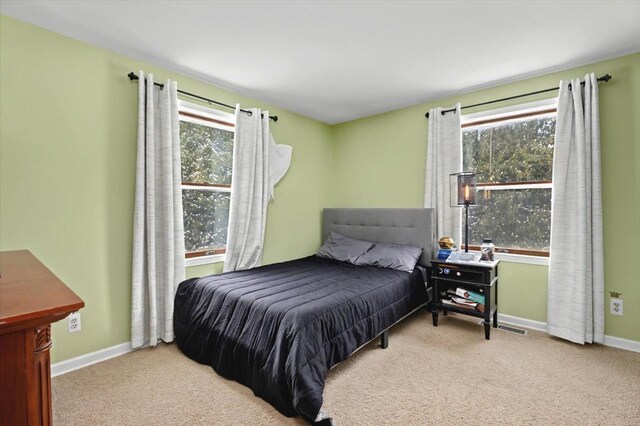 bedroom with multiple windows and light colored carpet