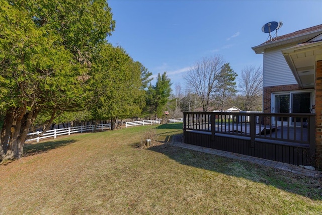 view of yard with a deck and fence