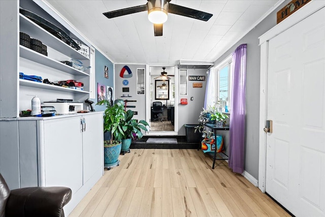 interior space featuring ceiling fan, crown molding, and light hardwood / wood-style floors