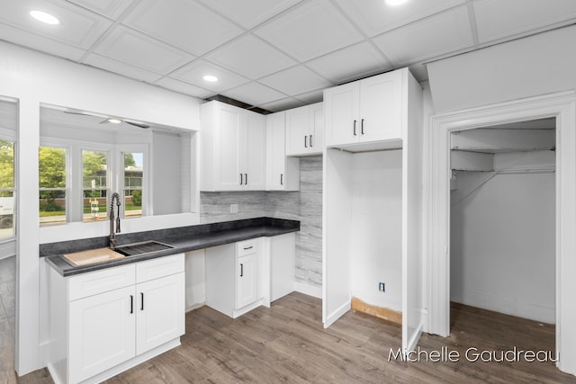 kitchen with white cabinetry, a paneled ceiling, and hardwood / wood-style floors