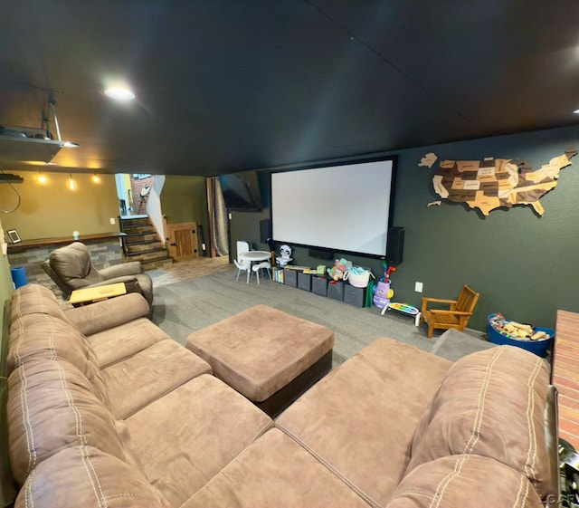 home theater featuring carpet flooring