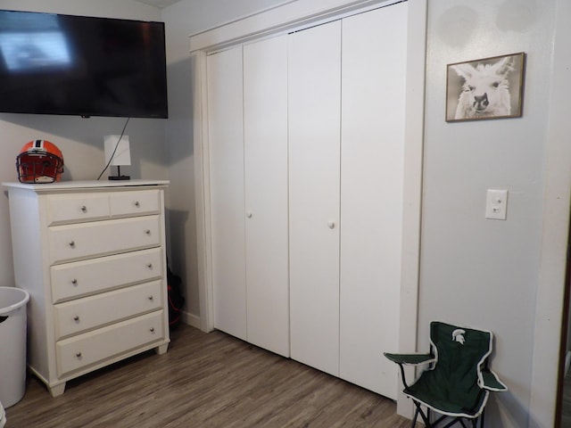 bedroom with hardwood / wood-style floors and a closet